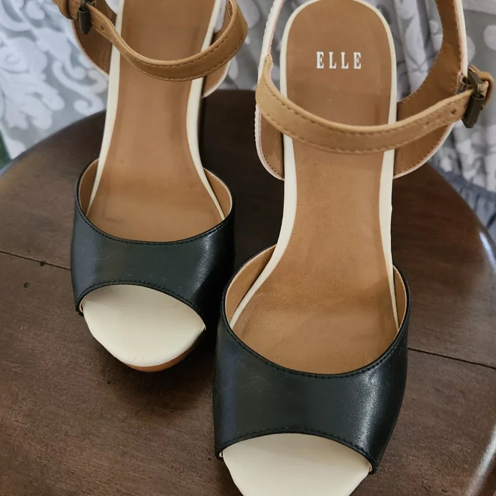 Elle Black, White and Tan Wedge Sandals
